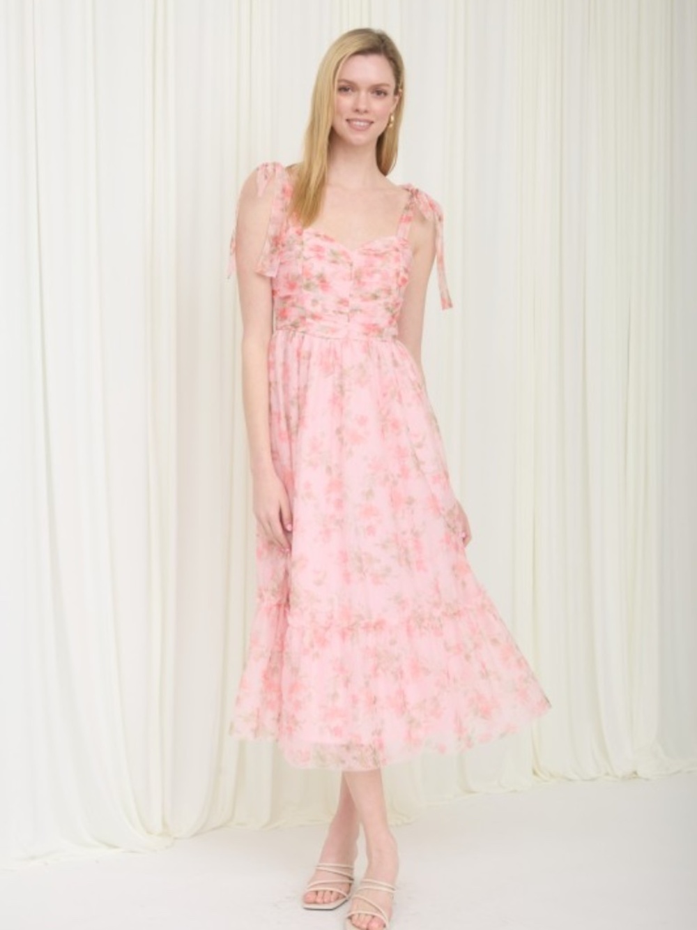 Floral Shirred Bodice Sleeveless Midi Dress